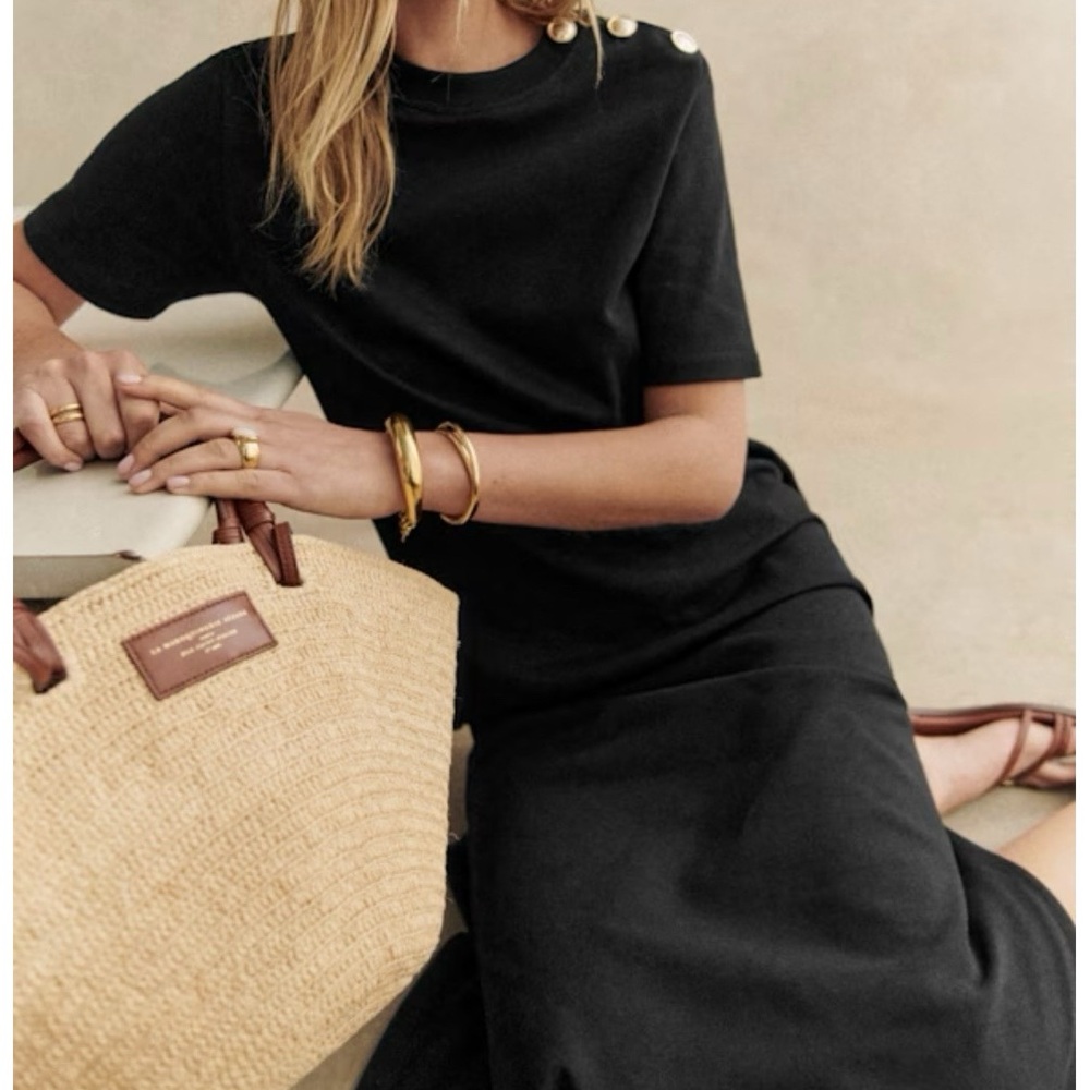 Classic Black Button-Shoulder Midi Dress